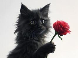 ai gegenereerd een pluizig zwart katje met een delicaat rood bloem, een mooi portret van een huiselijk huisdier foto