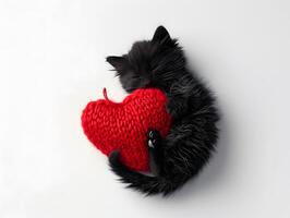 ai gegenereerd een pluizig zwart katje knuffels een rood garen hart, een perfect illustratie van liefde voor huisdieren Aan Valentijnsdag dag foto