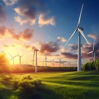 ai gegenereerd wind turbines Aan heuvel en groen veld, mooi zonsopkomst achtergrond in wind boerderij. schoon energie of milieuvriendelijk duurzame energie. foto