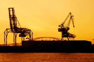 silhouet van houder kraan Bij Osaka haven zijn bezig met laden Aan avond met zonsondergang kleur toon en portaal kraan werken achtergrond. foto