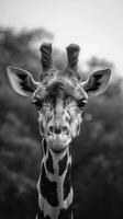 ai gegenereerd tijdloos charme van een giraffe gevangen genomen in opvallend grijswaarden fotografie verticaal mobiel behang foto