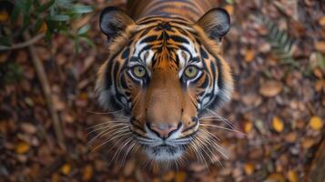 ai gegenereerd vrij foto van een tijger in de oerwoud op zoek Bij de camera