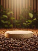 ai gegenereerd vrij foto van een Product podium zittend Aan een veld- van koffie bonen met groen bladeren en planten in de achtergrond
