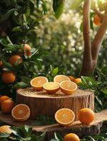 ai gegenereerd houten podium in natuur omringd door sinaasappels en oranje plakjes foto