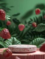 ai gegenereerd vrij foto van een Product podium geplaatst in natuur omringd door aardbeien