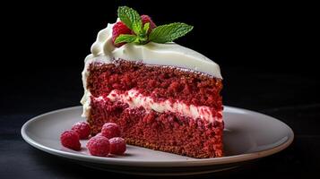 ai gegenereerd rood fluweel taart tegen een minimaal achtergrond, detailopname schot foto