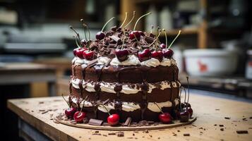 ai gegenereerd een zwart Woud taart gedekt met chocola krullen Aan een rustiek houten tafel, middenhoek schot foto