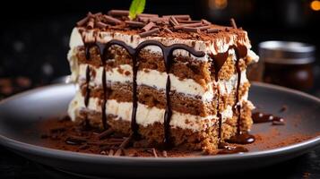 ai gegenereerd een plak van tiramisu taart met lagen van mascarpone room en cacao poeder Aan een keramisch bord, detailopname schot foto