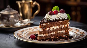 ai gegenereerd een plak van sachertorte taart met geslagen room en rapsberry geplaatst Aan porselein bord, artistiek schot foto