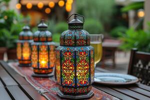 ai gegenereerd dining tafel met Ramadan gevoel decoratie heilig maand van Ramadan concept professioneel reclame voedsel fotografie foto
