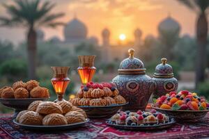 ai gegenereerd serveert divers maaltijd naar iftar Ramadan reclame voedsel fotografie foto