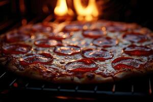 ai gegenereerd visie binnen de oven dienblad bakken pizza professioneel reclame voedsel fotografie foto