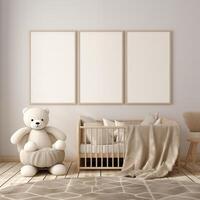 ai gegenereerd drie leeg muur kader mockup in een kinderkamer kamer met baby speelgoed en baby kinderbed bed foto