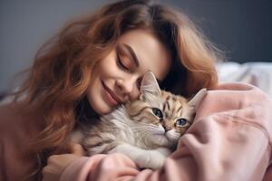 ai gegenereerd mooi jong vrouw is Holding een kat en glimlachen terwijl aan het liegen Aan de bed Bij huis. foto