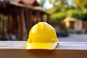 ai gegenereerd geel veiligheid bouw helm Aan een houten tafel tegen de backdrop van een huis wezen gebouwd. foto
