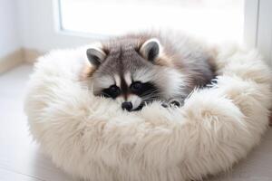 ai gegenereerd een schattig jong temmen wasbeer resting in een huisdier bed, ruimte voor tekst. foto