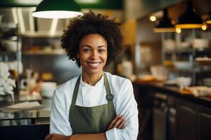 ai gegenereerd portret van een mooi afro Amerikaans vrouw chef manager glimlachen en poseren in een elegant restaurant keuken foto