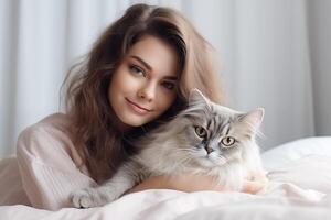ai gegenereerd mooi jong vrouw is Holding een kat en glimlachen terwijl aan het liegen Aan de bed Bij huis. foto