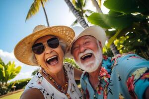 ai gegenereerd ouderen paar lachend en nemen selfie foto