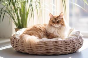 ai gegenereerd schattig pluizig kat resting in een huisdier bed, ruimte voor tekst. foto