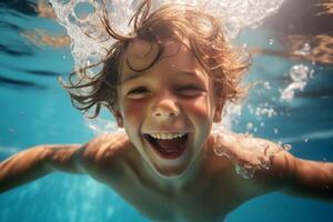ai gegenereerd portret van een schattig weinig jongen zwemmen onderwater. onderwater- kind portret in beweging. foto