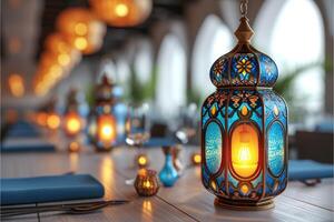 ai gegenereerd dining tafel met Ramadan gevoel decoratie heilig maand van Ramadan concept professioneel reclame voedsel fotografie foto