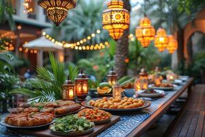 ai gegenereerd dining tafel met Ramadan gevoel decoratie heilig maand van Ramadan concept professioneel reclame voedsel fotografie foto