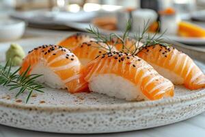 ai gegenereerd een bord van een goed geplateerd gekookt Japans schotel Aan een tafel top professioneel reclame voedsel fotografie foto