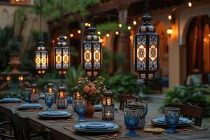 ai gegenereerd dining tafel met Ramadan gevoel decoratie heilig maand van Ramadan concept professioneel reclame voedsel fotografie foto