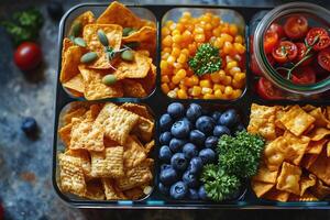 ai gegenereerd snacks in een houder professioneel reclame voedsel fotografie foto