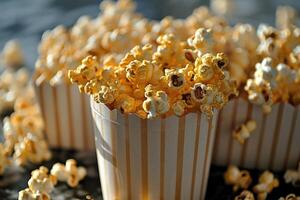 ai gegenereerd popcorn knallen in gestreept karton emmer professioneel reclame voedsel fotografie foto