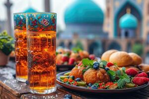 ai gegenereerd serveert divers maaltijd naar iftar Ramadan reclame voedsel fotografie foto
