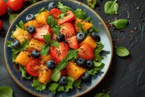 ai gegenereerd vers gemengd fruit salade in een kom professioneel reclame voedsel fotografie foto