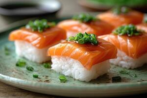 ai gegenereerd een bord van een goed geplateerd gekookt Japans schotel Aan een tafel top professioneel reclame voedsel fotografie foto