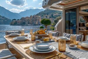 ai gegenereerd dining tafel Aan de bovenste dek luxe jacht professioneel reclame voedsel fotografie foto