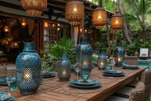ai gegenereerd dining tafel met Ramadan gevoel decoratie heilig maand van Ramadan concept professioneel reclame voedsel fotografie foto