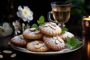 ai gegenereerd zoet amandel koekjes Aan de tafel professioneel reclame voedsel fotografie foto