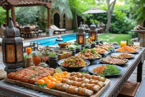 ai gegenereerd serveert divers maaltijd naar iftar Ramadan reclame voedsel fotografie foto