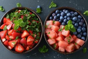 ai gegenereerd vers gemengd fruit salade in een kom professioneel reclame voedsel fotografie foto