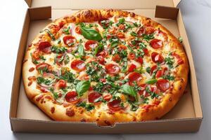 ai gegenereerd meenemen of levering pizza doos professioneel reclame voedsel fotografie foto