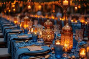 ai gegenereerd dining tafel met Ramadan gevoel decoratie heilig maand van Ramadan concept professioneel reclame voedsel fotografie foto