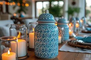 ai gegenereerd dining tafel met Ramadan gevoel decoratie heilig maand van Ramadan concept professioneel reclame voedsel fotografie foto