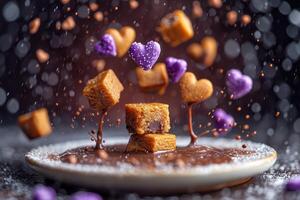 ai gegenereerd hart chocola koekjes vliegend in de lucht professioneel reclame voedsel fotografie foto