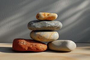 ai gegenereerd arrangement van stenen creëert een sereen en harmonisch tafelblad Scherm foto