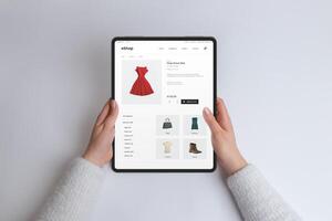 handen Holding een modern tablet weergeven een e-commerce webpagina. concept van online boodschappen doen met een naadloos en handig browsen ervaring voor modieus en elegant aankopen foto