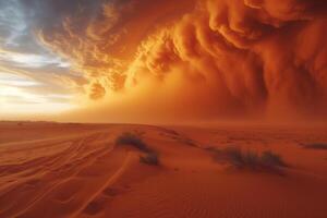 ai gegenereerd naderen zandstorm in de woestijn foto