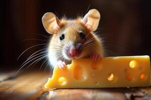 ai gegenereerd weinig schattig muis eet een groot stuk van kaas. gegenereerd door kunstmatig intelligentie- foto