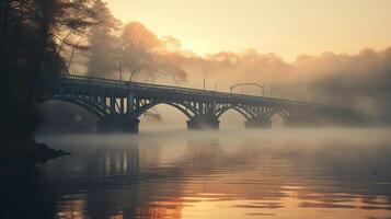 ai gegenereerd een mooi groot brug over- de rivier- in de mist Bij zonsondergang, ochtendgloren. gegenereerd door kunstmatig intelligentie- foto