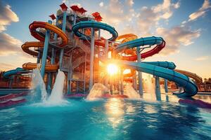 ai gegenereerd water park, helder kleurrijk dia's. water park zonder mensen Aan een zomer dag met een mooi blauw lucht. gegenereerd door kunstmatig intelligentie- foto