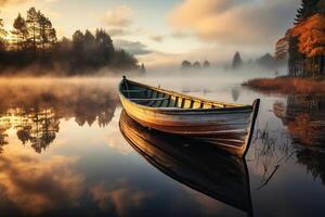 ai gegenereerd oud houten boot in een mistig rivier- in herfst. gegenereerd door kunstmatig intelligentie- foto